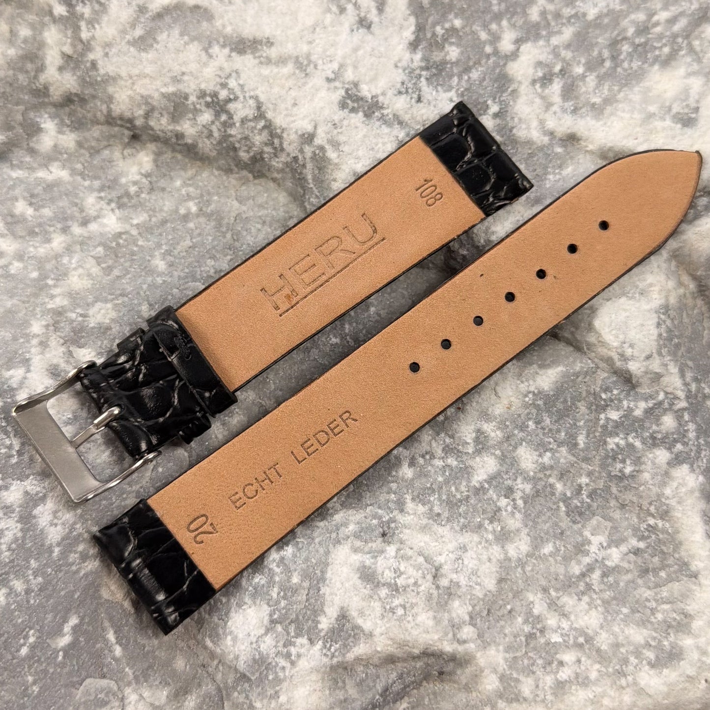 20mm - HERU - 1980s - NOS - CLASSIC BLACK CROCODILE GRAIN